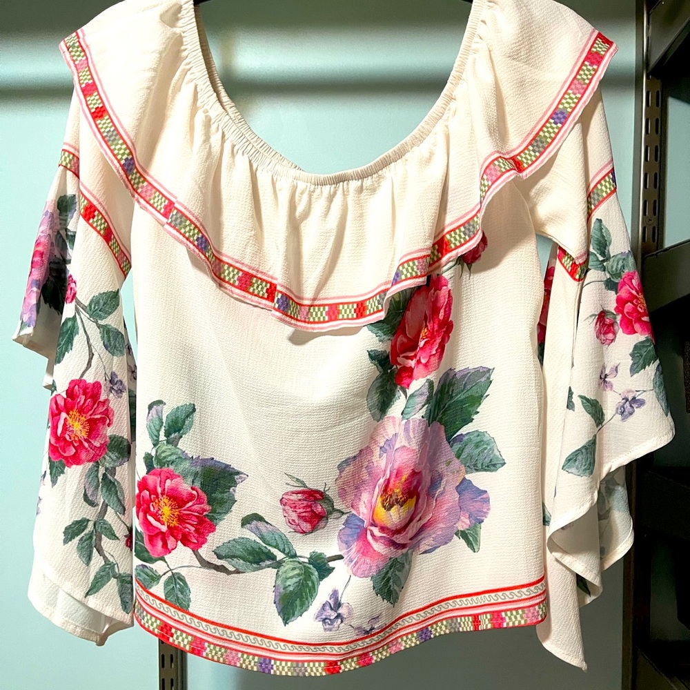 Floral bell sleeved off the shoulder crop top
